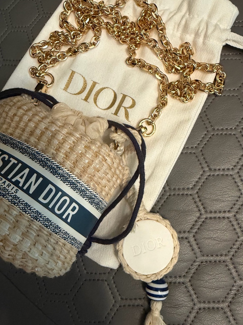Dior Mini Raffia Bucket Bag Natural and Navy with Gold Chain and original strap - Picture 8 of 12